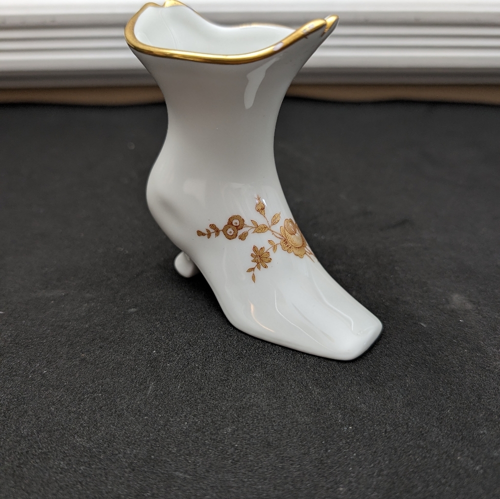 Vintage LIMOGES Boot with golden floral bouquet figurine.